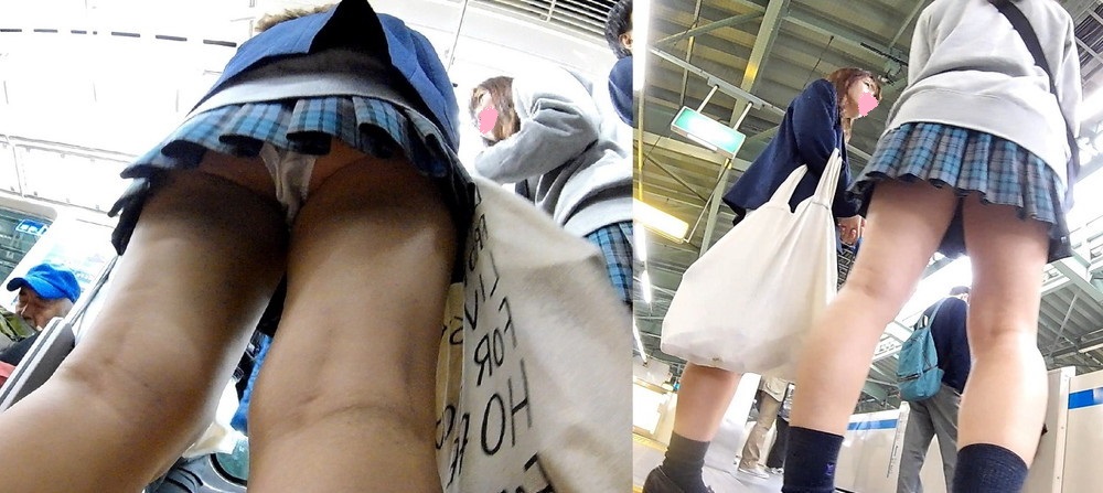 【FHD 顔モザなし】青のチェック柄スカートとミニスカJKの最強コラボ　～JK２人組の白Pダブルパンチラ～