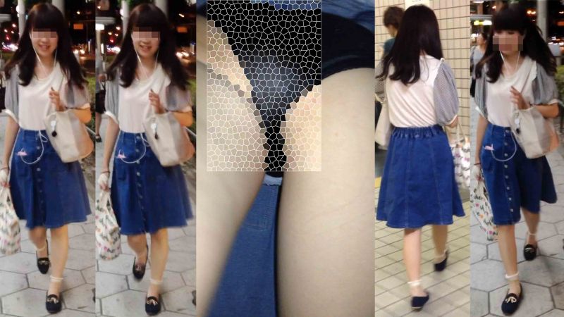 4K bomb453 激カワ清楚JDのデニムスカートin黒サテン生P　エスカめくり