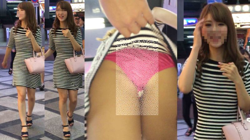 4K bomb494 ボーダーミニワンピ美人ギャルのサテンピンク生P　階段めくり